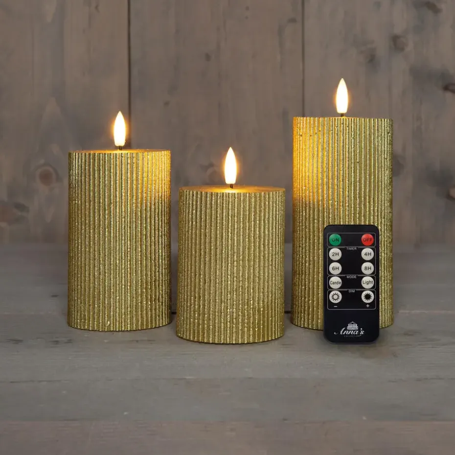 Anna Collection LED stompkaarsen - 3x - goud - ribbel