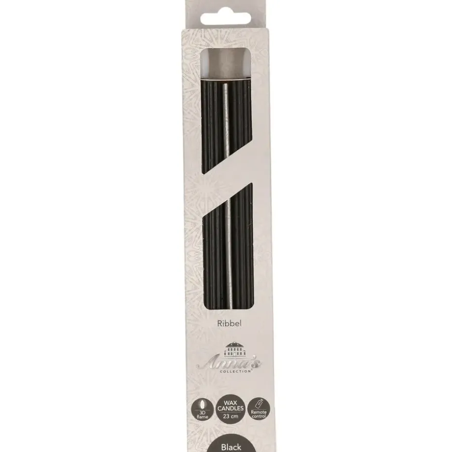 Anna's Collection Led dinerkaarsen - 2x st - zwart - ribbel - 23 cm