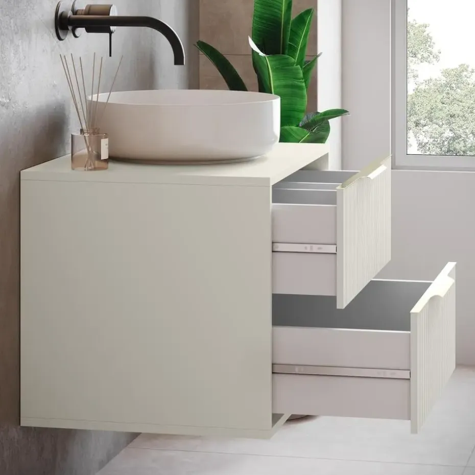 Badplaats Wastafelkast Rimini 60 cm – Beige – Hangend Badmeubel met 2 Lades en