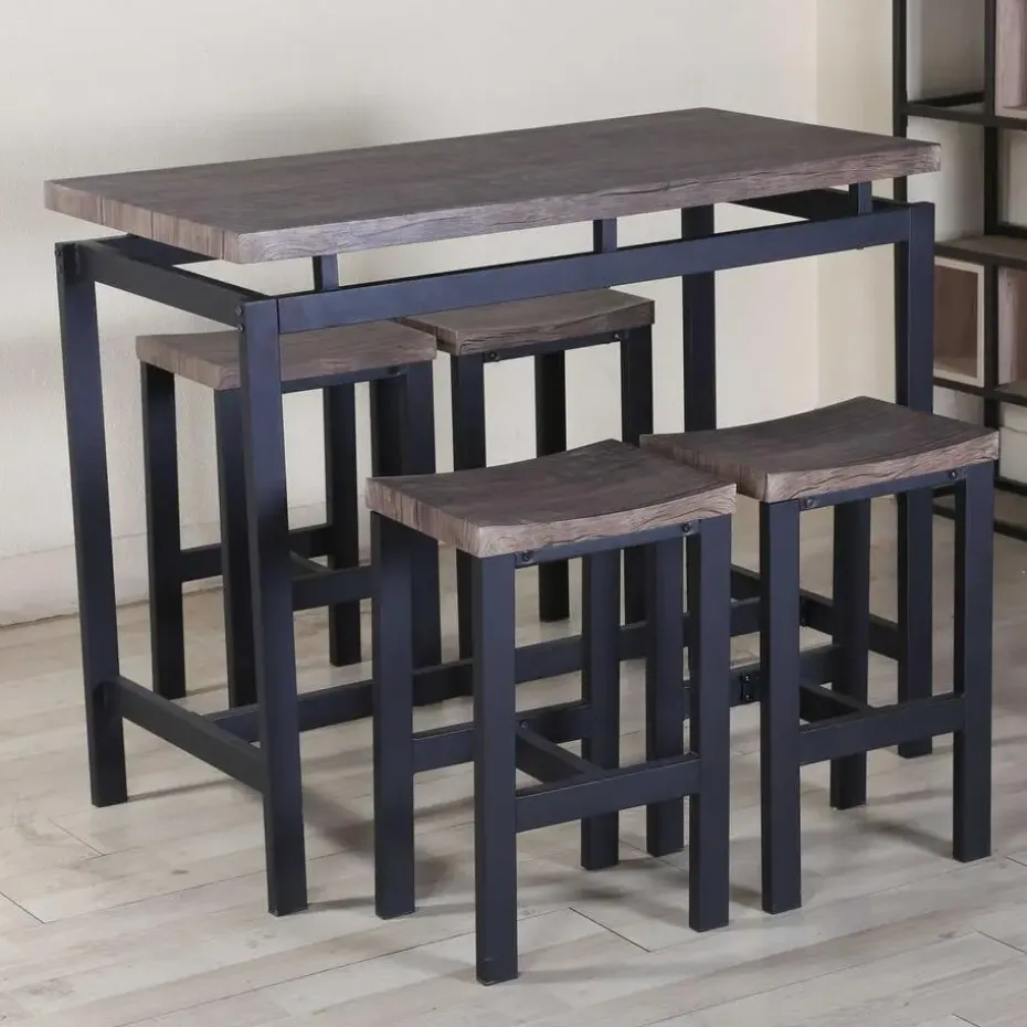 Barset Mesin 120x60 met 4 barkrukken - bruin/zwart