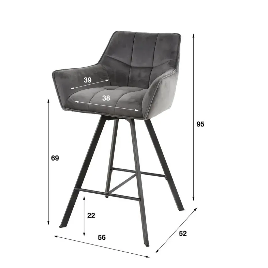 Barstoel Velvet Antraciet - Metaal - Draaibaar - 57x53x96cm - Set van 2
