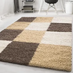 Basic Shaggy Geblokt vloerkleed Bruin / Beige Hoogpolig - 200x290 CM