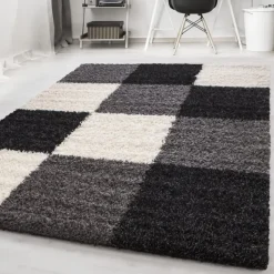 Basic Shaggy Geblokt vloerkleed Zwart / Wit Hoogpolig - 160x230 CM