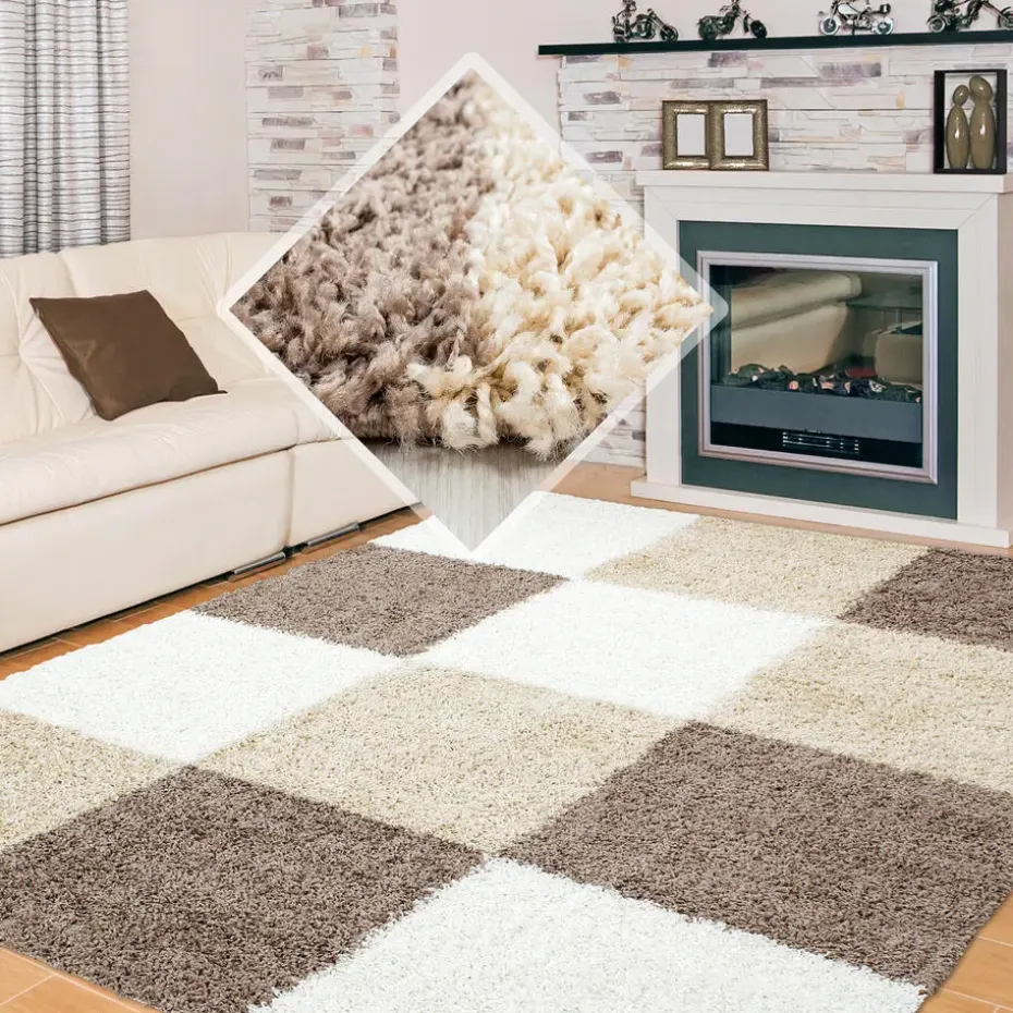 Basic Shaggy Geblokt vloerkleed Bruin / Beige Hoogpolig - 160x230 CM