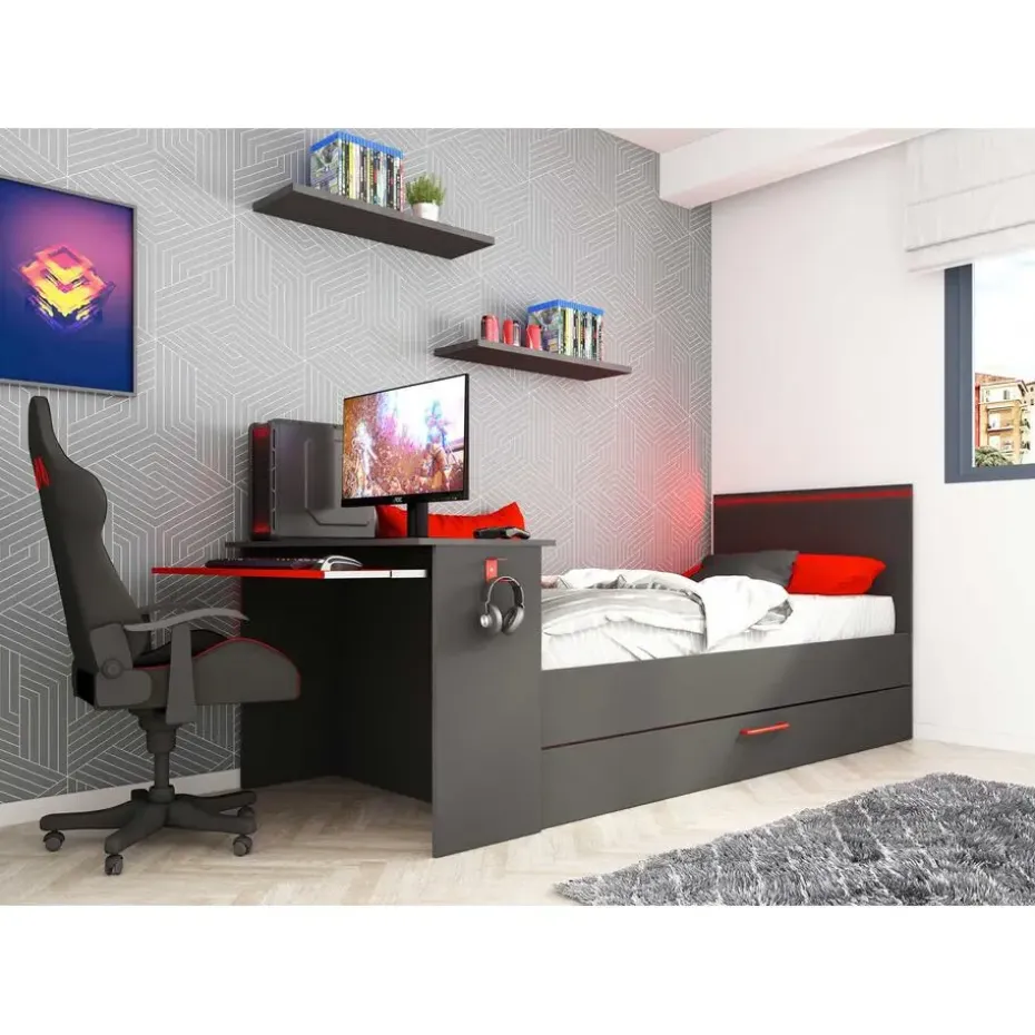 Bed Bzone 90x200 cm met bedlade, bureau en ledverlichting - antraciet