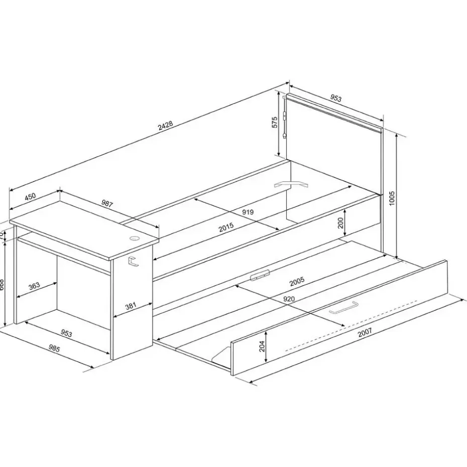 Bed Bzone 90x200 cm met bedlade, bureau en ledverlichting - antraciet