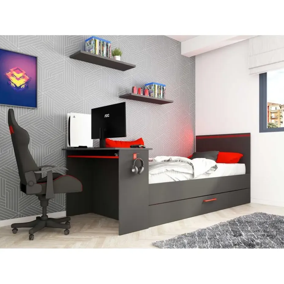 Bed Bzone 90x200 cm met bedlade, bureau en ledverlichting - antraciet