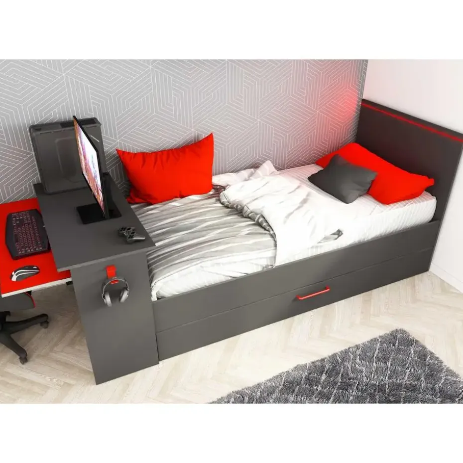 Bed Bzone 90x200 cm met bedlade, bureau en ledverlichting - antraciet