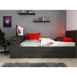 Bed Bzone 90x200 cm met bedlade, bureau en ledverlichting - antraciet
