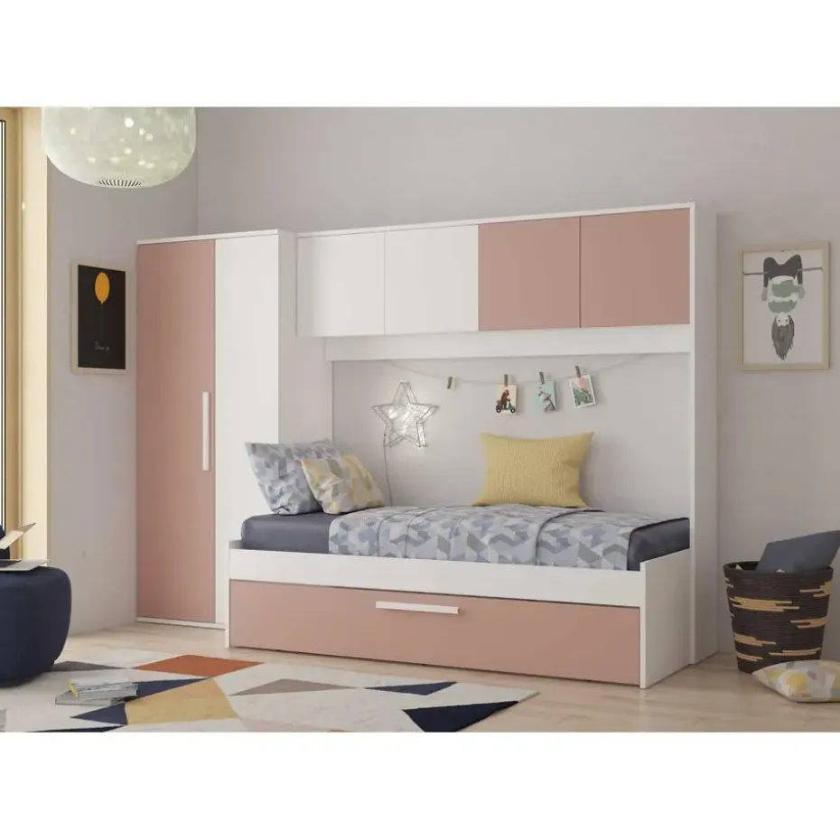Bed met bedbrug en bedlade Lev-roze/wit
