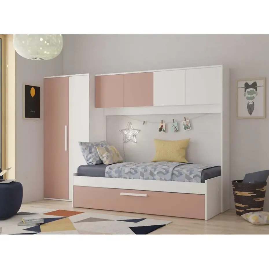 Bed met bedbrug en bedlade Lev-roze/wit