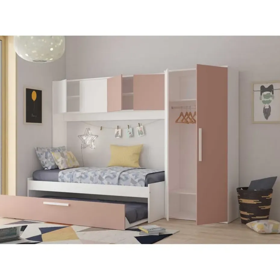 Bed met bedbrug en bedlade Lev-roze/wit