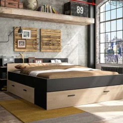 Bed met opbergruimte Eveline 160x200 - zwart/kastanjehout