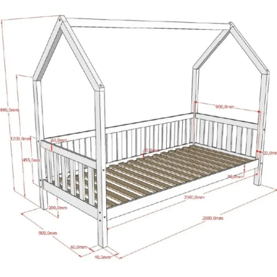 Bedhuisje Home - 90x200 cm - met hekje - wit dennenhout