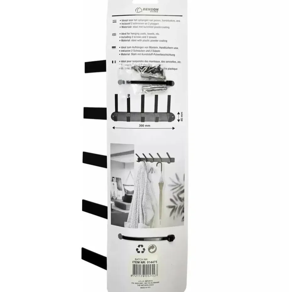Benson Kapstok - zwart - metaal - 5 haken - wandkapstok - 30 cm