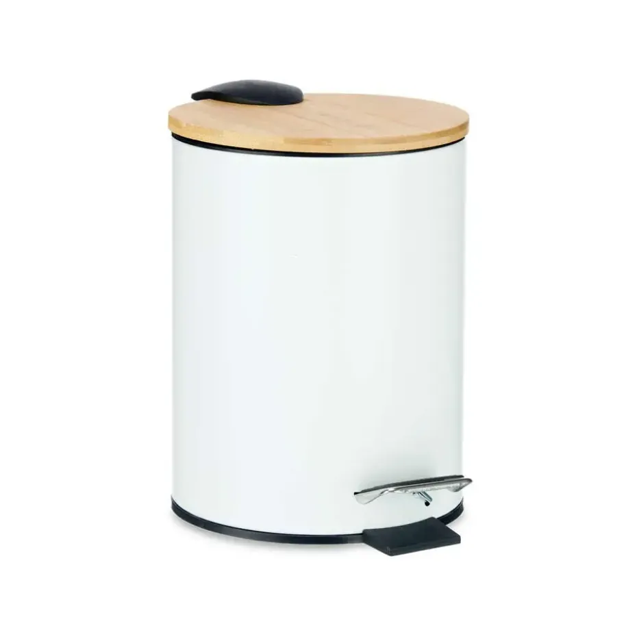 Berilo Prullenbak/pedaalemmer - wit - 3 liter - metaal/bamboe