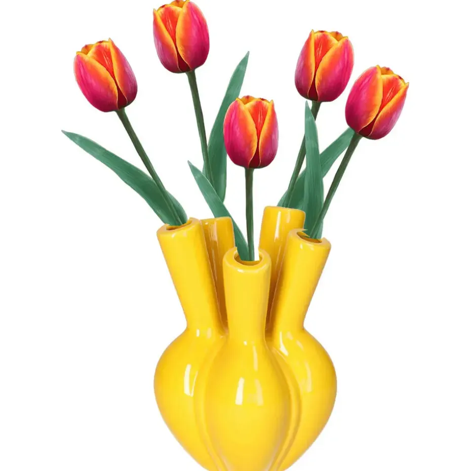 Bloemenvaas/tulpenvaas - geel - keramiek - 12 x 18 cm