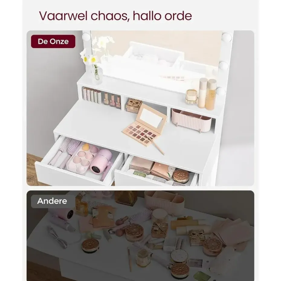 Bobbel Home - Witte Kaptafel - Rechthoekige spiegel - Gloeilampen
