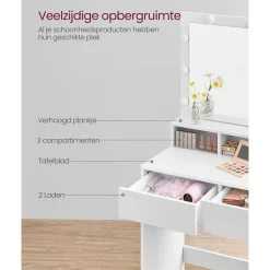 Bobbel Home - Witte Kaptafel - Rechthoekige spiegel - Gloeilampen