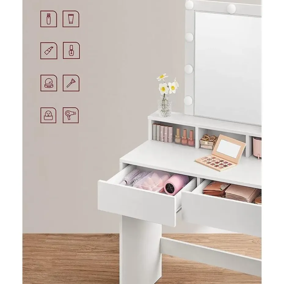 Bobbel Home - Witte Kaptafel - Rechthoekige spiegel - Gloeilampen