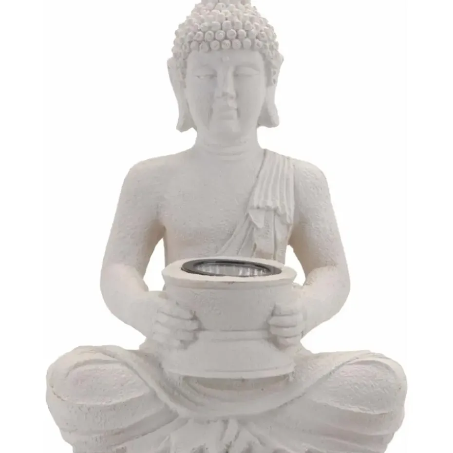 Boeddha beeldje - Solar lamp - wit - polystone tuindecoratie - 28 cm