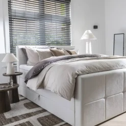 Boxspring met opbergruimte en voetbord Liv geblokt - ecru - 180x200cm