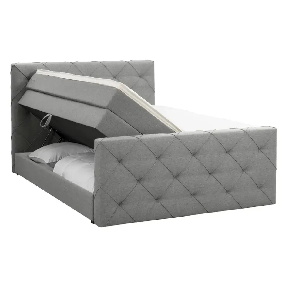 Boxspring met opbergruimte en voetbord Liv geruit - lichtgrijs - 140x200cm