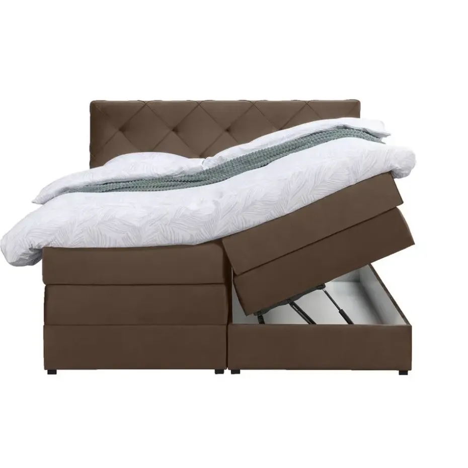 Boxspring met opbergruimte Liv geruit - bruin - 140x200 cm