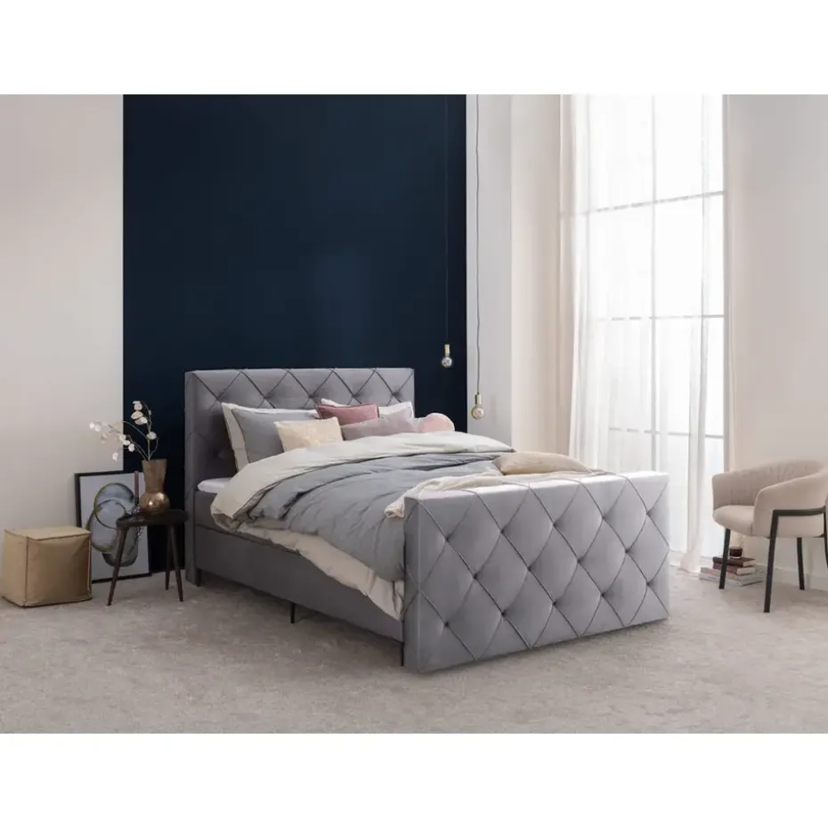 Boxspring met voetbord Liv geruit - grijs - 120x200 cm - slanke poot