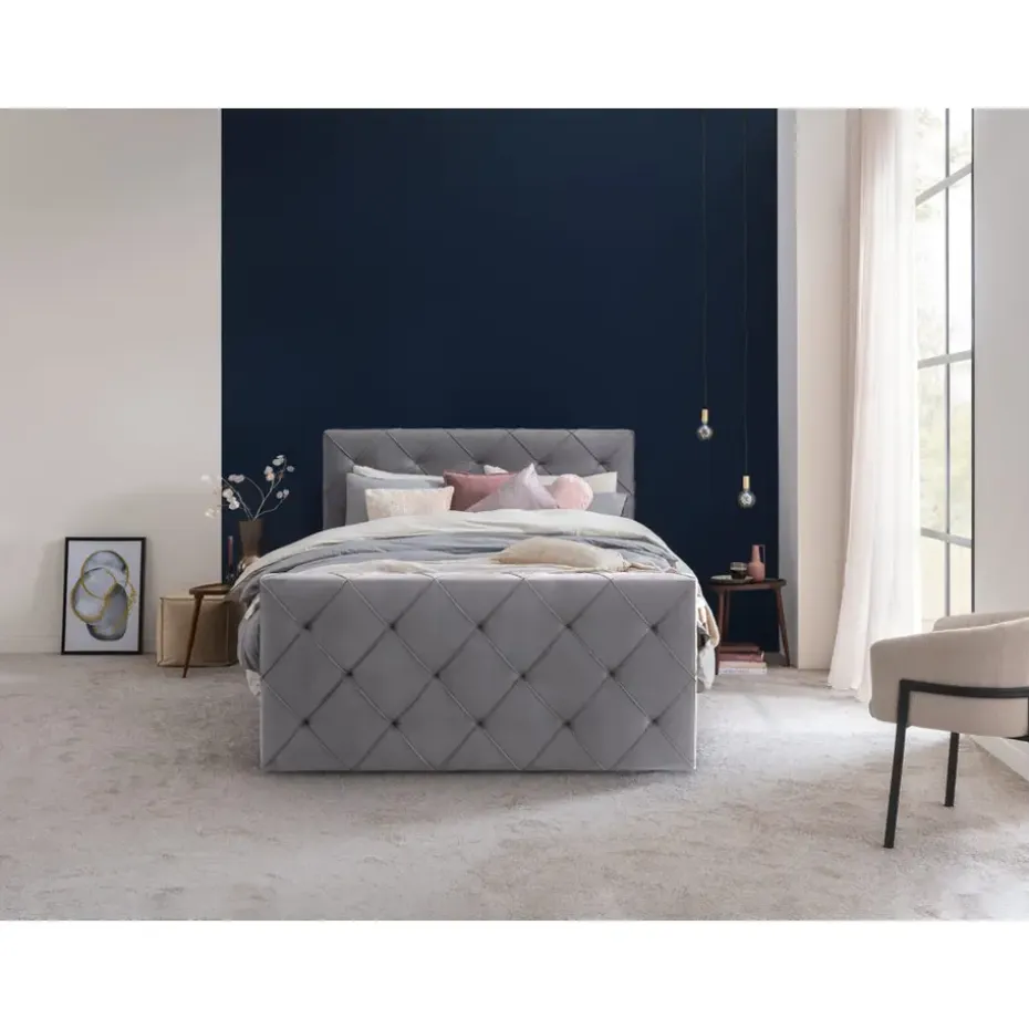Boxspring met voetbord Liv geruit - grijs - 120x200 cm - slanke poot