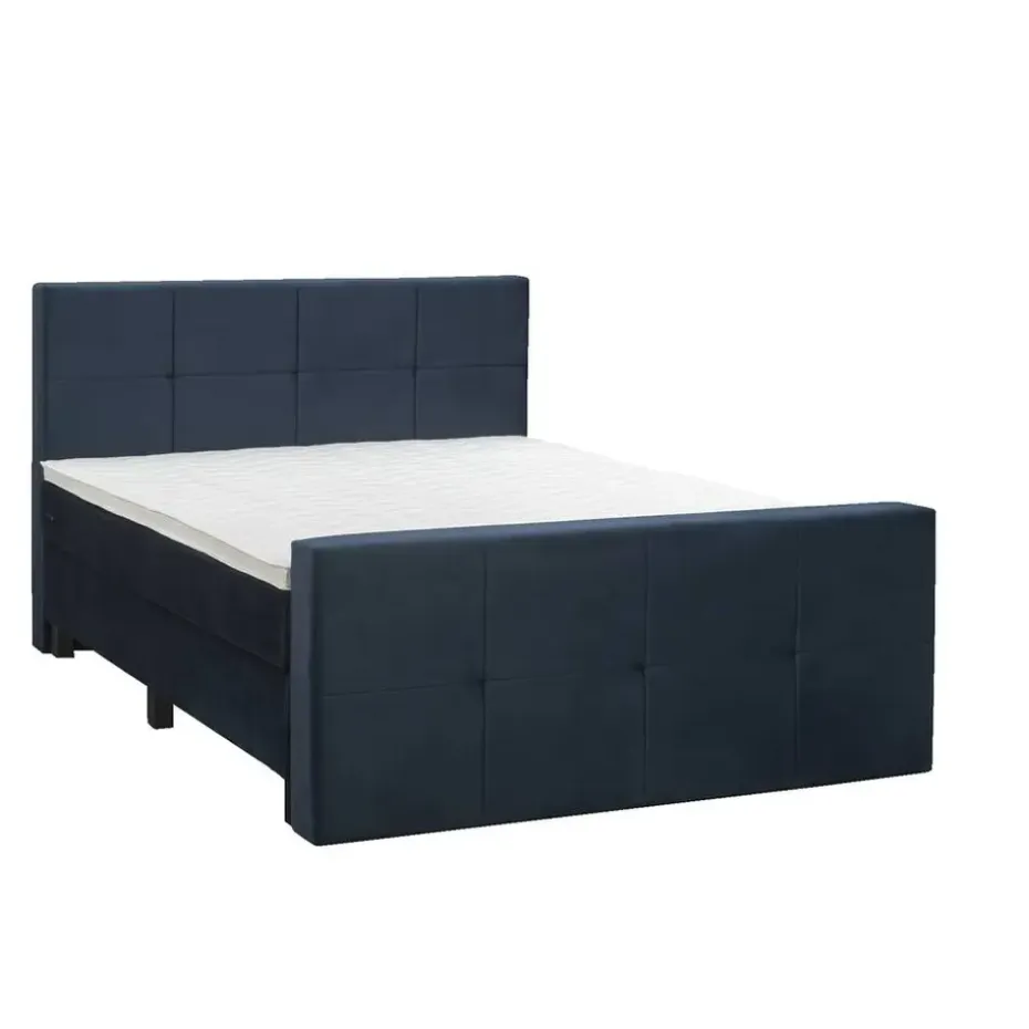 Boxspring met voetbord Liv geblokt - blauw - 160x200 cm - vierkante poot