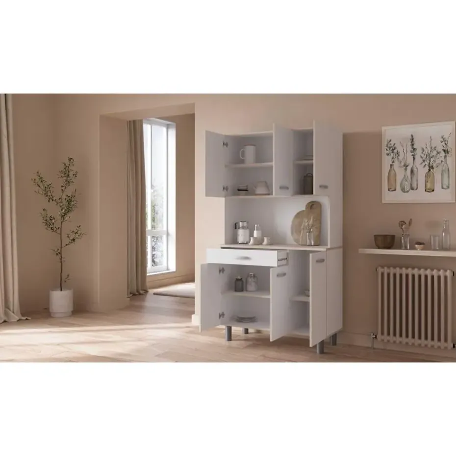 Buffetkast Pavel 185cm hoog - mat wit/acacia met werkblad