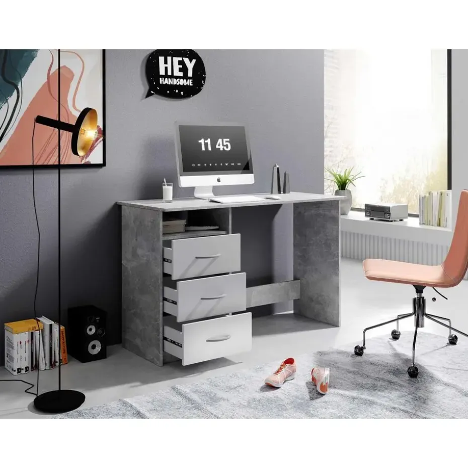 Bureau Adriano 123cm met 3 lades - beton/wit