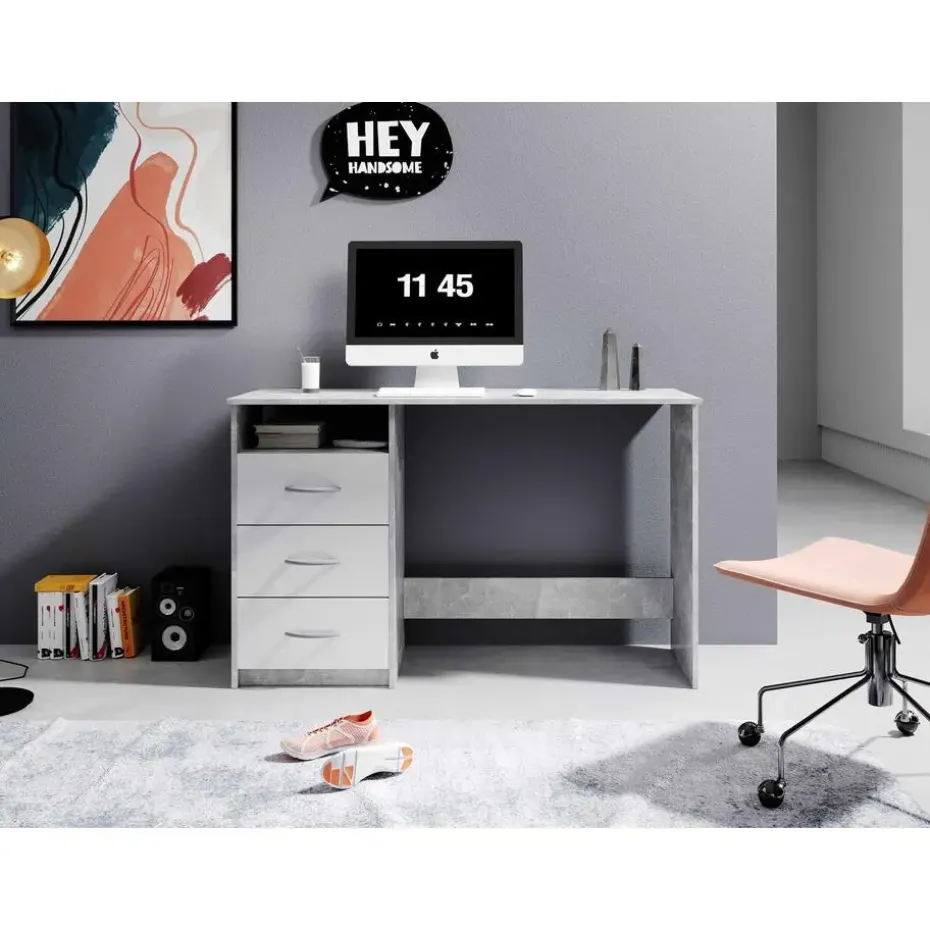 Bureau Adriano 123cm met 3 lades - beton/wit
