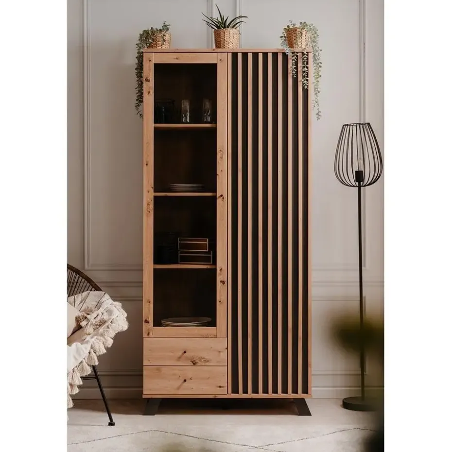 CALICOSY - Vitrinekast LUBLIN - Licht hout - 198x92x40 cm