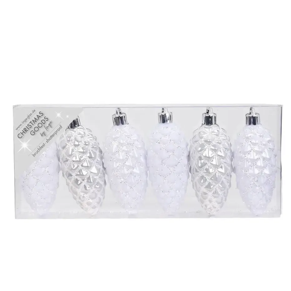 Christmas goods Kersthangers - 6x - dennenappels - wit - 9 cm