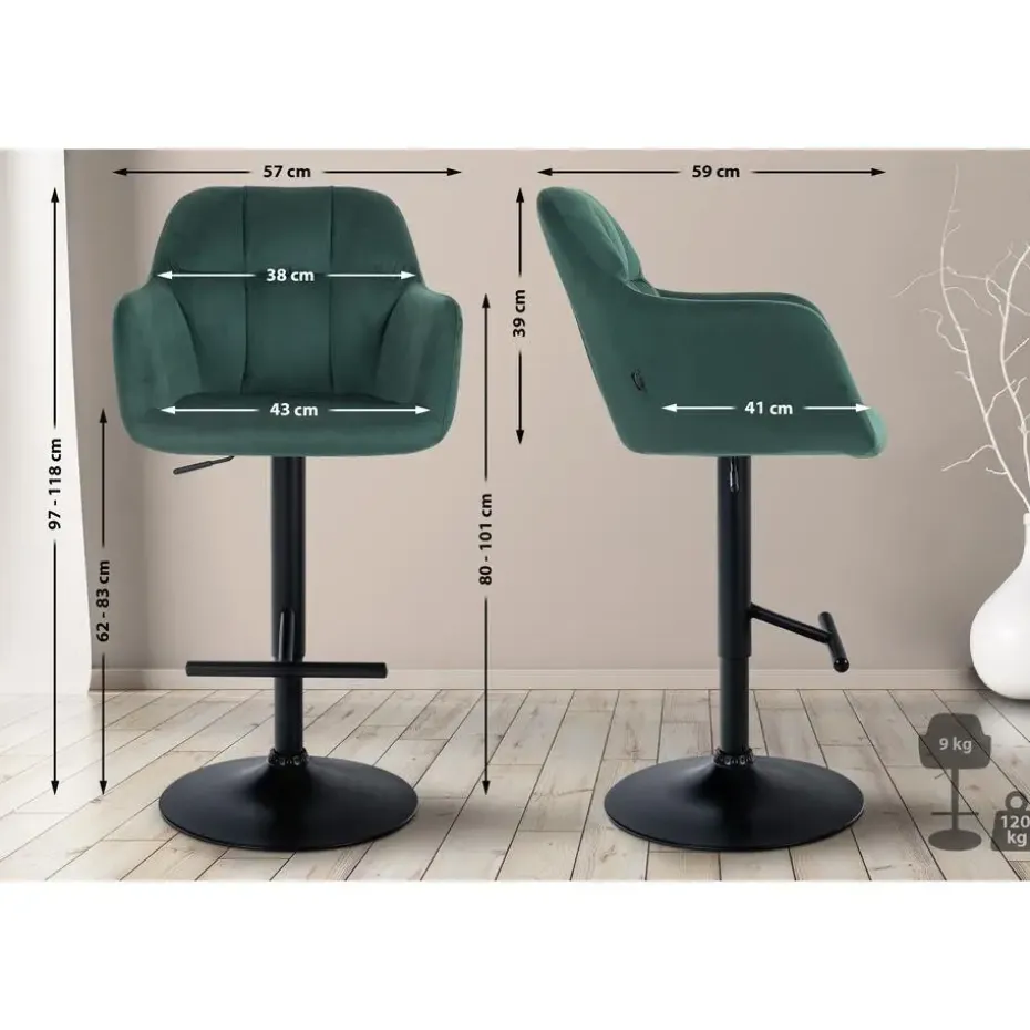CLP Barkruk Natoma zwart Frame - Fluweel - groen