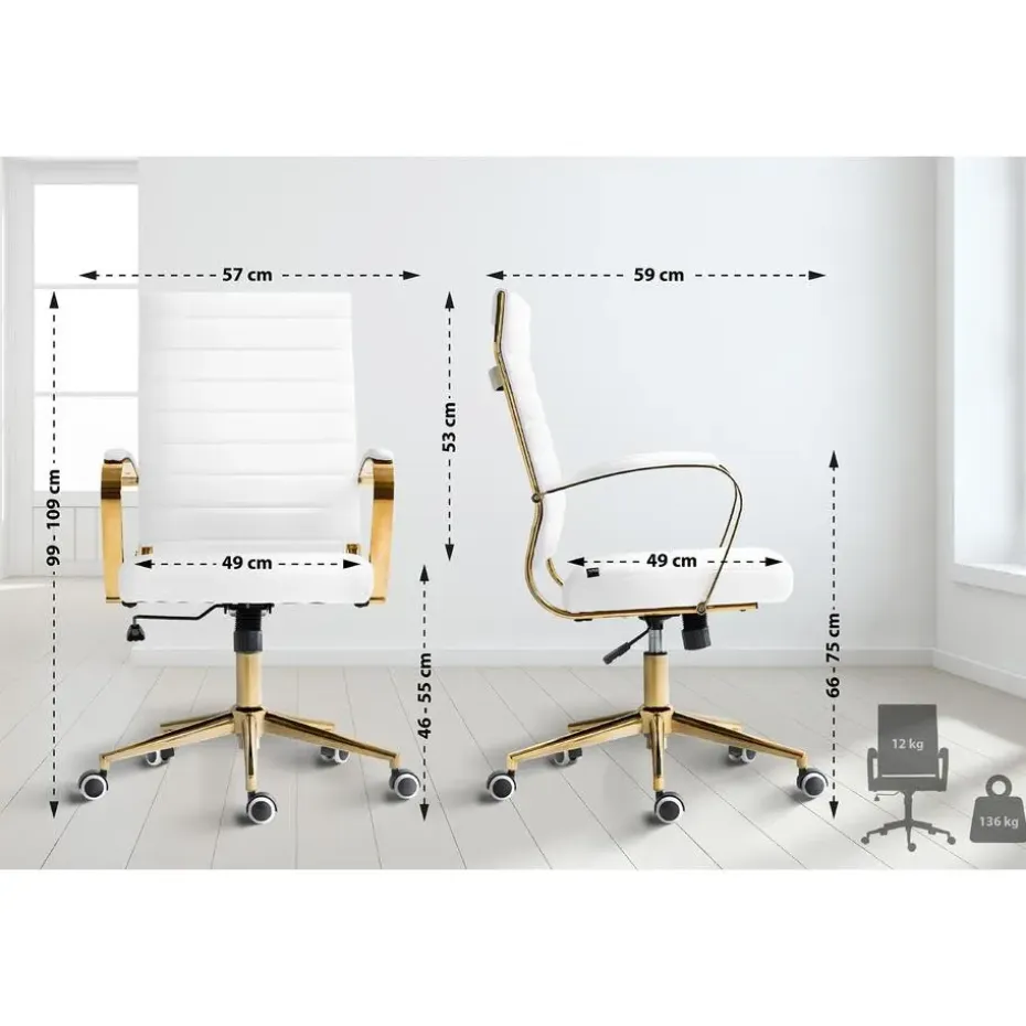 CLP Bureaustoel Havanna goud Frame - Kunstleer - wit