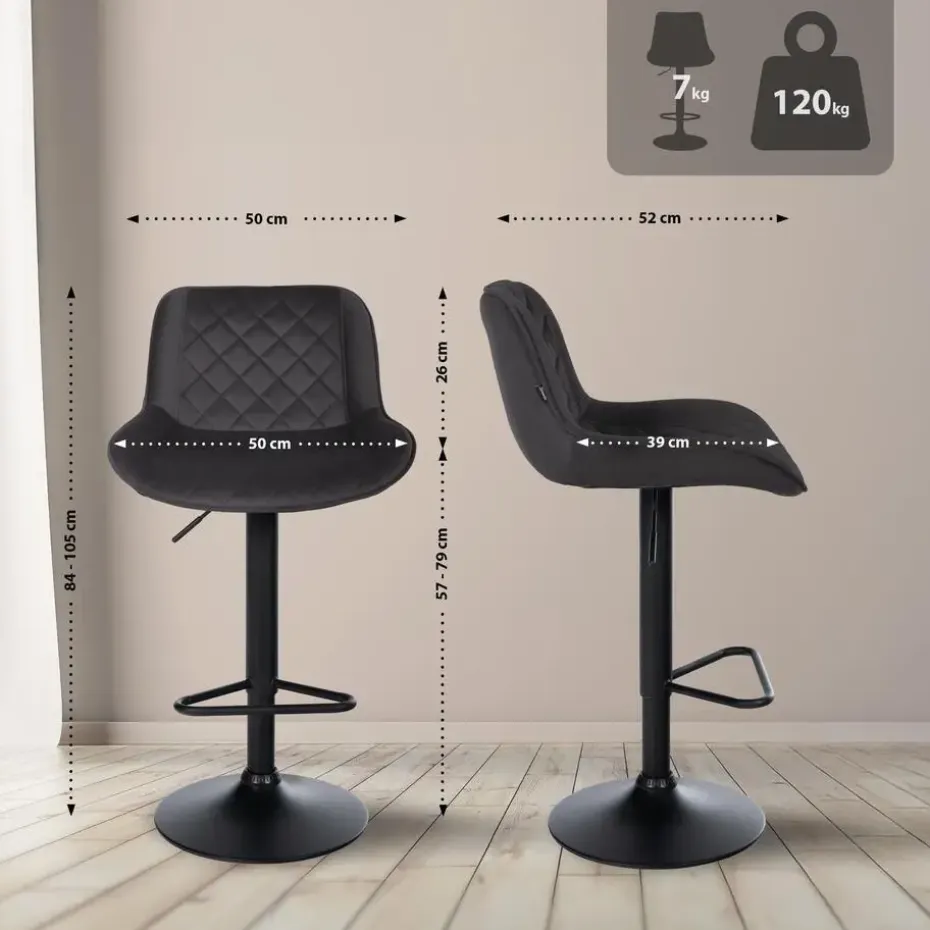 CLP Set van 2 Barkruk Kasson zwart Frame - Fluweel - zwart