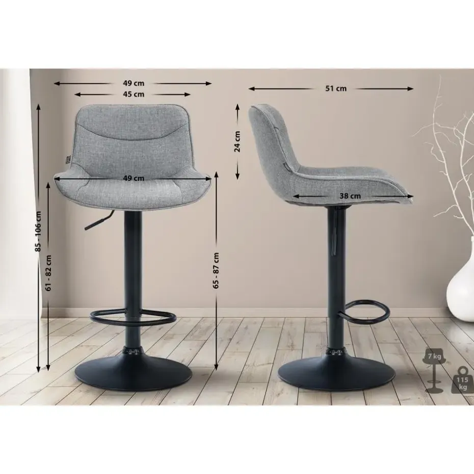 CLP Set van 2 Barkruk Vonore zwart Frame - Stof - grijs