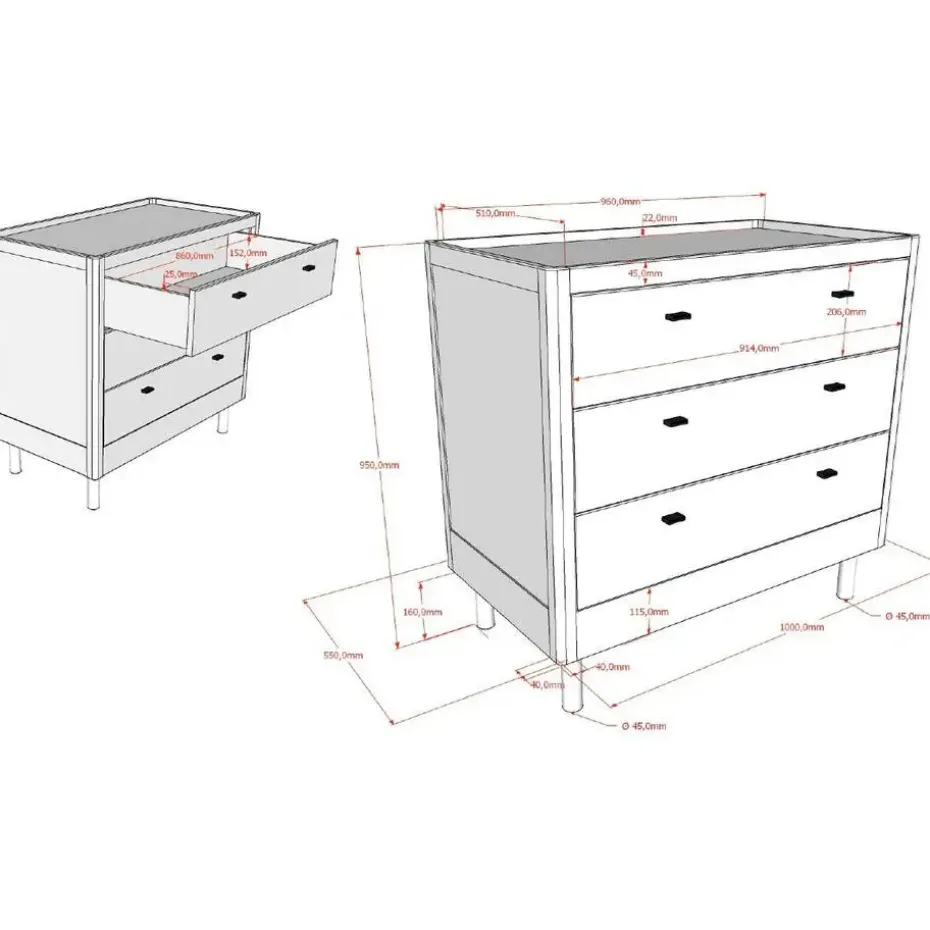 Commode Forrest - 3 lades - massief beukenhout - wit