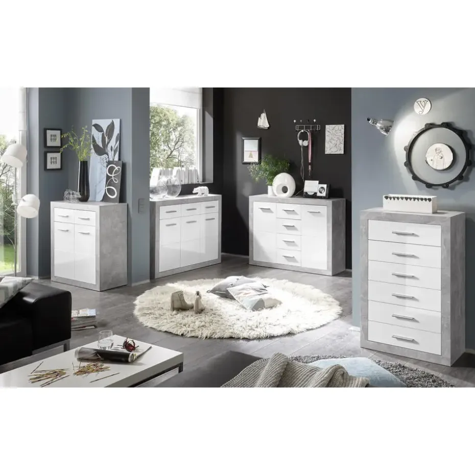 Commode Inga 82 cm met 2 deuren & 2 lades - beton/wit