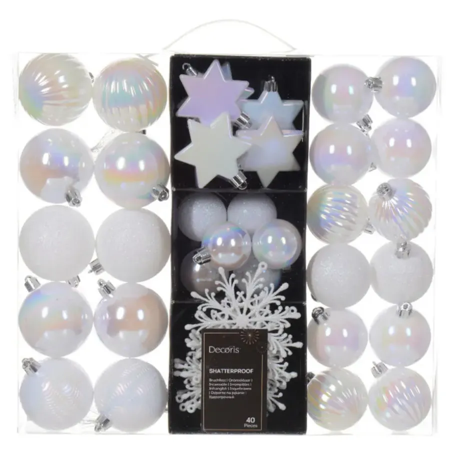 Decoris kerstballen en ornamenten - 40x - kunststof - parelmoer wit - mix