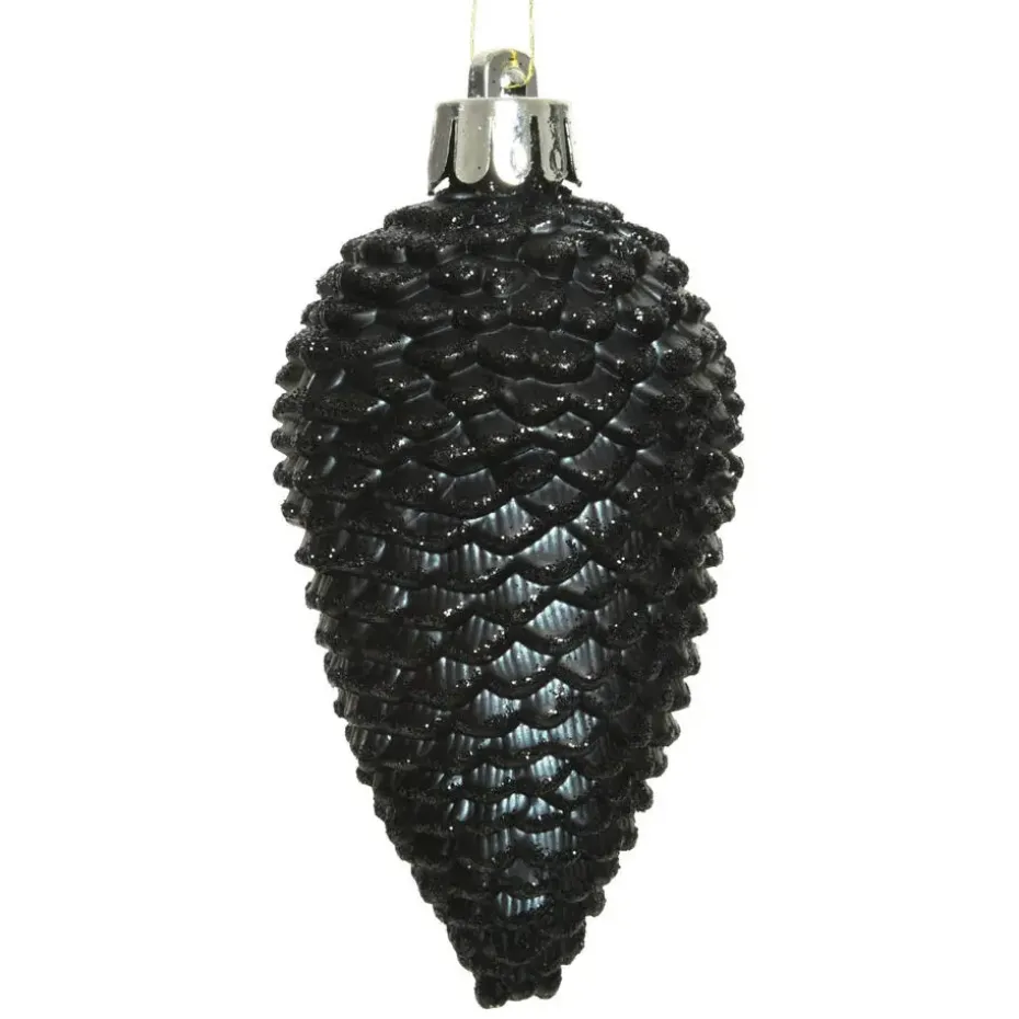 Decoris Kersthangers dennenappels - 6x - zwart - glitter - 8 cm