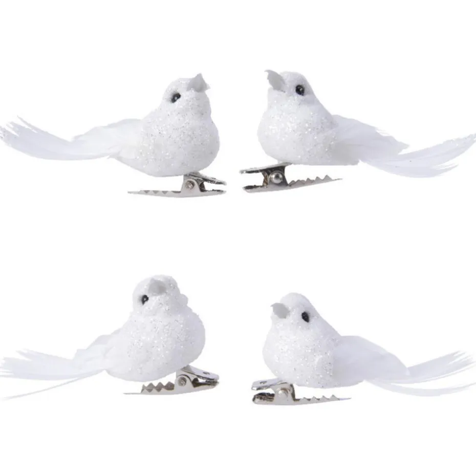 Decoris vogeltjes - 4x stuks - wit - kunststof - 5 cm - op clip