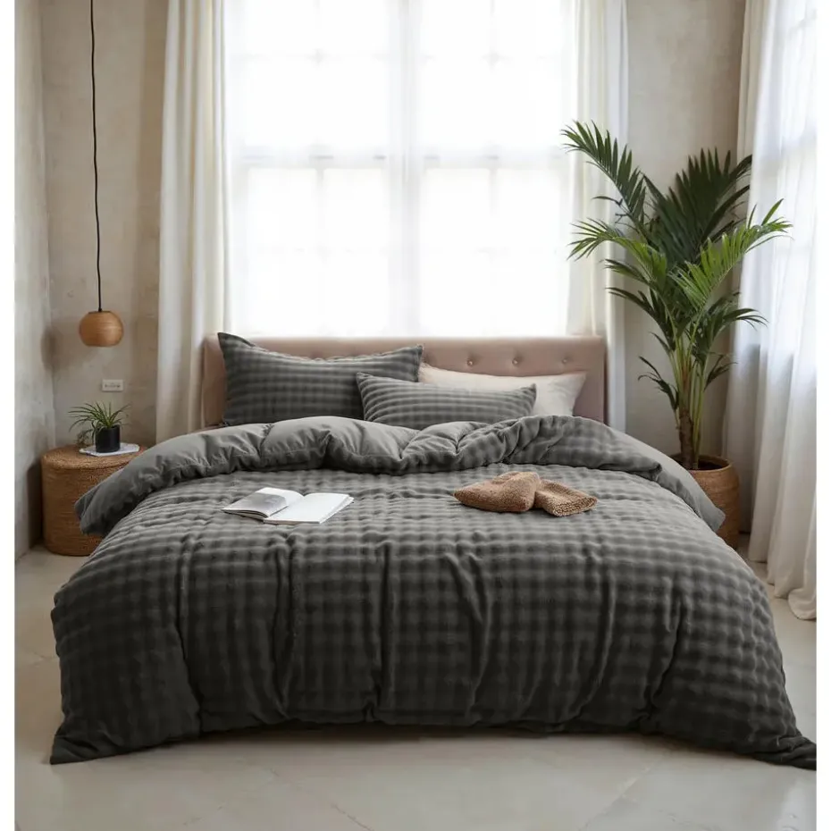 Dekbedovertrek 200x220 – Pompom Design & Warm Flanel Fleece - Antraciet
