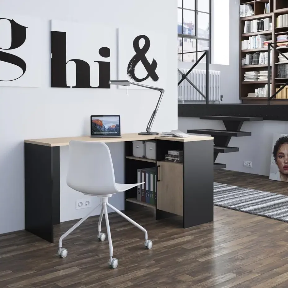 Diagone Hoekbureau Liverpool - 1 deur 3 vakken - Zwart/Eikenkleur