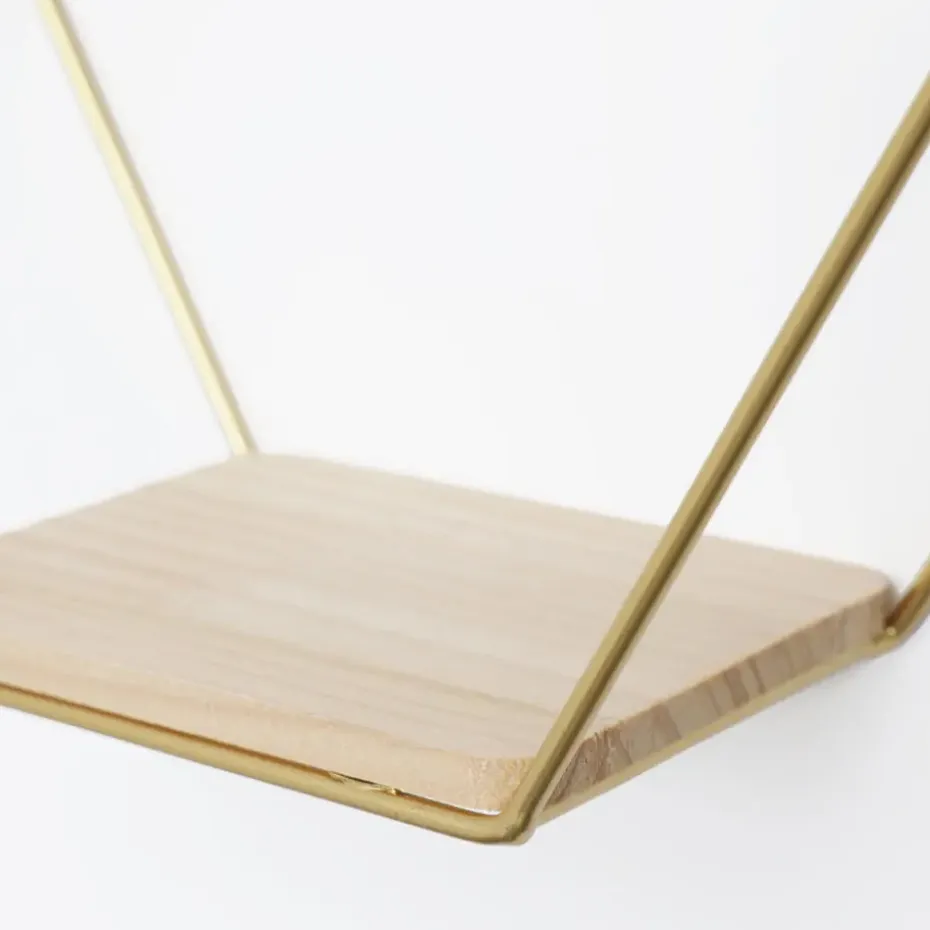 Driedubbel zeshoekig metalen wandrek met 3 houten plankjes - 40,5x41 cm - Goud