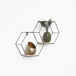 Dubbel zeshoekig metalen wandrek met 2 houten plankjes - 30,5x41 cm - Zwart