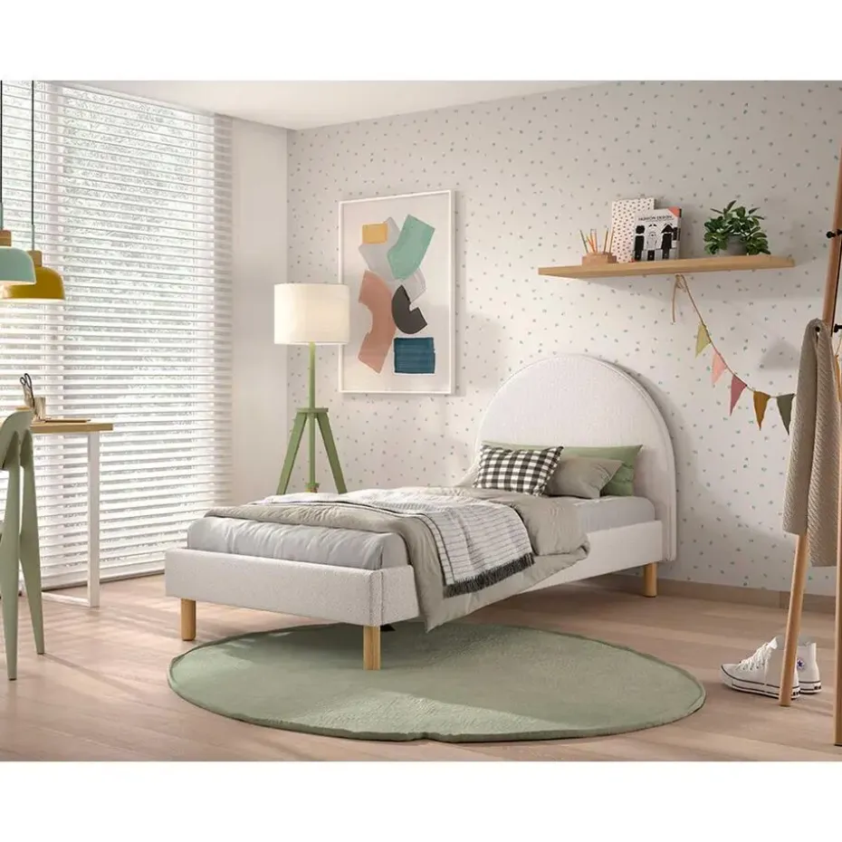 Eenpersoonsbed Maeva - 212x97x107 cm - Witte bouclé stof